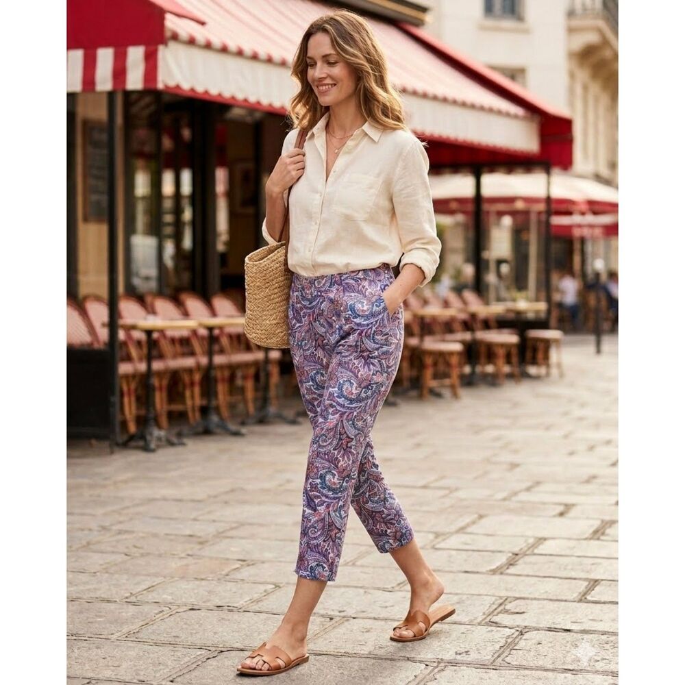 Isaac Mizrahi Live Pants Womens 8P Purple Paisley Pull On Capri Stretch